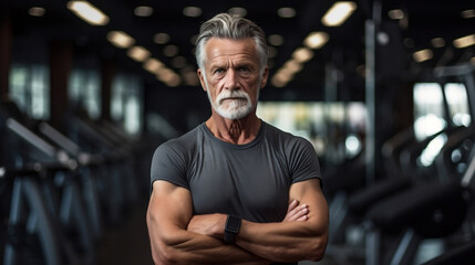 portrait of a mature fitness trainer standing and looking at camera,  fitness center or a gym concept -coach standing at gym with crossed arms
