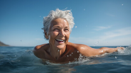 portrait of a elderly woman smiling and swimming in sea, enjoying retirement in a sunny day