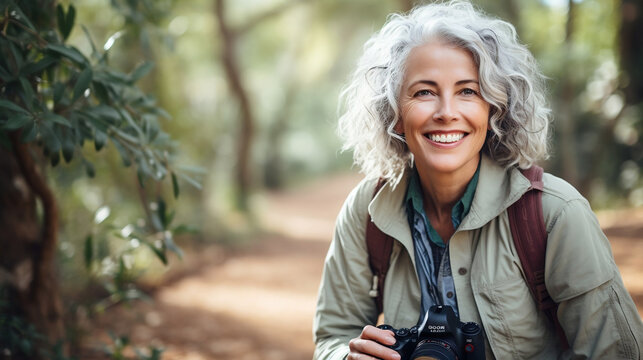 Elderly woman taking a photograph with a DSLR camera, photography professional in a nature background