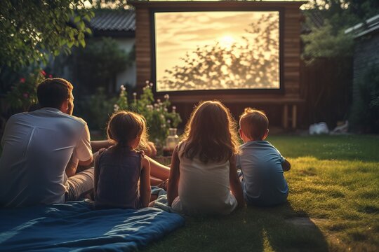 a family sitting in front of a huge flat screen television in the backyard outside in the warm summer evening watching a movie spending leisure time together