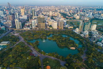 Aerial view Office building with Lumpini Park downtown Financial district center in Sathorn