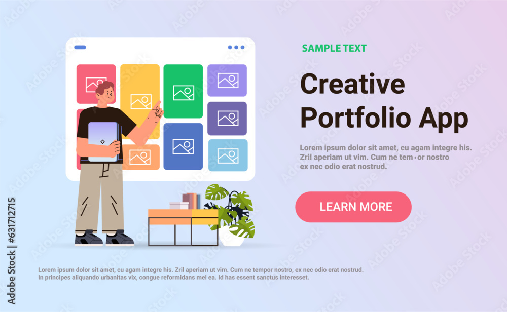 Poster man using creative portfolio app on computer screen visual design projects concept horizontal copy s
