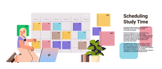 student using laptop to take digital notes scheduling stydy time online education e-learning concept