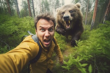 Man running away from scary bear in forest. Generative AI