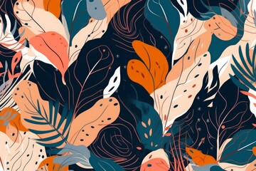 Fototapeta na wymiar Artistic plants illustration pattern. Creative collage contemporary floral seamless pattern. Fashionable template for design, Generative AI