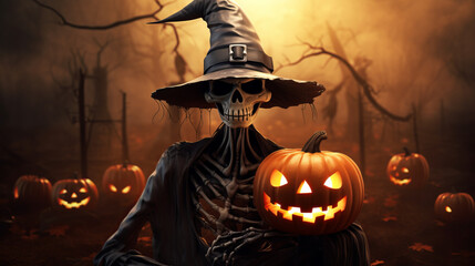 Halloween skeleton wearing a witch hat and golding pumpkin