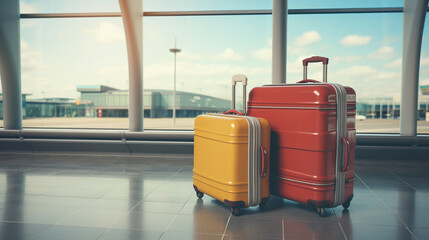 Two stylish suitcases standing in airport hall, travel and vacation concept space for text, red and yellow suitcases