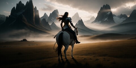 a woman with armor riding a horse in a mountainous area and a sky filled with clouds, epic fantasy character art - obrazy, fototapety, plakaty
