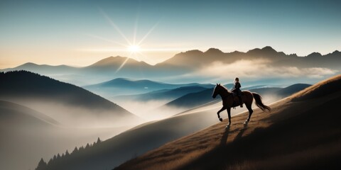 Fototapeta na wymiar a woman with armor riding a horse in a mountainous area and a sky filled with clouds, epic fantasy character art