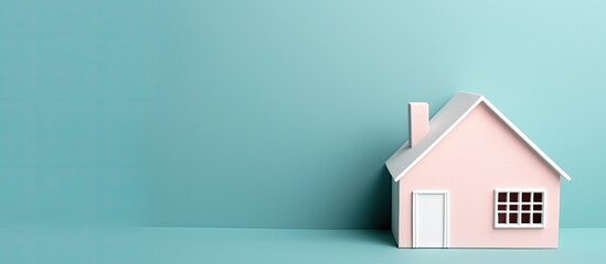 A clean and minimal design featuring a small white toy house placed on a colorful blue and pink pastel background. The concept represents mortgage, property insurance