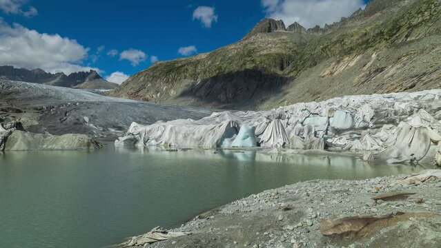 Time lapse, view of melting glacier in the Swiss Alps. Rhone Glacier, the source of the river Rhone. Furka Pass, Canton Valais, Switzerland