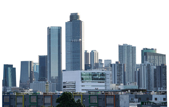 Fototapeta skyscrapers in downtown city. city building landscape, some people said many high building is like city landmark of jakarta amazing for design or brochure or company profile. High building transparent