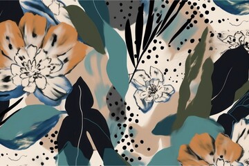 Hand drawn modern concept abstract floral print. Collage leopard skin seamless pattern, Generative AI