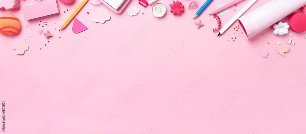 Poster school supplies arranged on a pink background. creative flat lay for back to school with empty space
