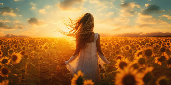Happy woman enjoying summer in a field with sunflowers at sunset, freedom, active, happiness concept, generative ai