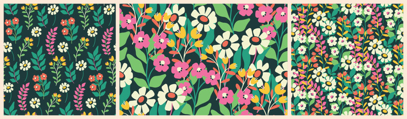 Seamless floral pattern, cute ditsy print with colorful meadow in the set. Pretty botanical surface design: simple hand drawn plants, small flowers, leaves on a black background. Vector illustration.