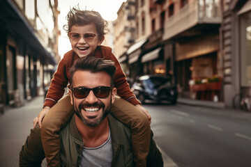 dad giving son piggy back through town, both are smiling and wearing sun glasses  - obrazy, fototapety, plakaty