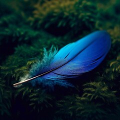 blue feather resting on a bed of lush moss