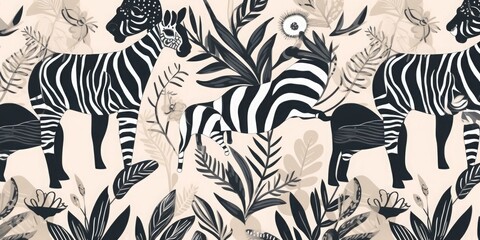 Hand drawn abstract botanical shapes and zebras pattern. Collage contemporary print. Fashionable template for design, Generative AI