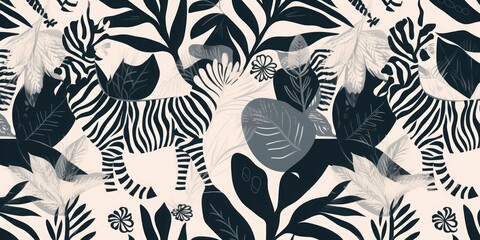 Hand drawn abstract botanical shapes and zebras pattern. Collage contemporary print. Fashionable template for design, Generative AI