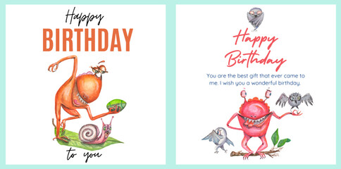 Set of postcards congratulations on your birthday. All elements are painted with watercolors. Dragons, monsters