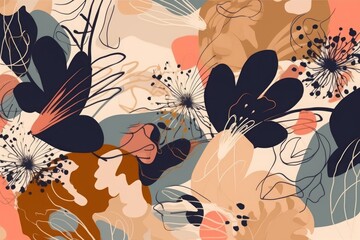 Fototapeta na wymiar Hand drawn floral abstract pattern. Creative collage contemporary seamless pattern. Natural colors. Fashionable template for design, Generative AI