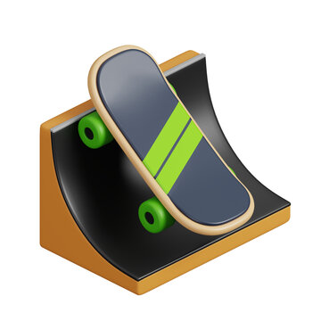 Skateboard on skate park isolated. Sports, fitness and game symbol icon. 3d Render illustration.
