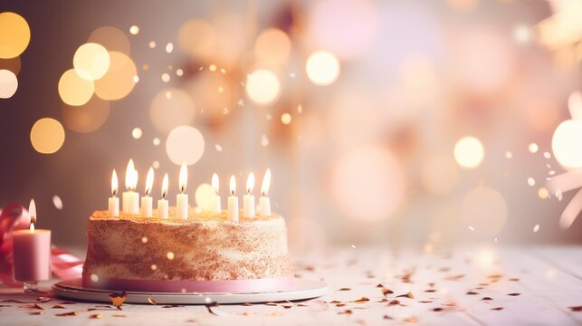 Realistic photography of a birthday party with bokeh as the background. On the left side, there is a birthday cake with candles, pastel colors
