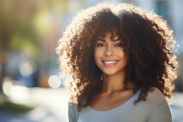 Young happy cute pretty beautiful African American ethnic woman with curly hair looking at camera in city street outdoors on sunny day. generative AI