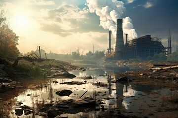 Industrial landscape with smokestack, river and blue sky, Abandoned factory in the middle of the river. Concept of environmental pollution, AI Generated