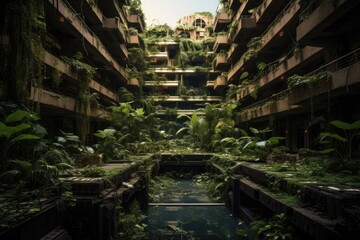 Fototapeta na wymiar Tropical garden with a pond in the middle of the building, Abandoned hotel in the middle of a lost city, AI Generated