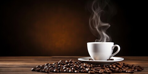 Vintage cup with rich espresso aroma. Organic coffee beans and hot espresso on rustic wooden table