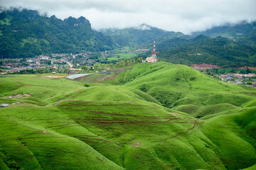 Beautiful green mountains and city views in Xaisomboun Province of Laos.