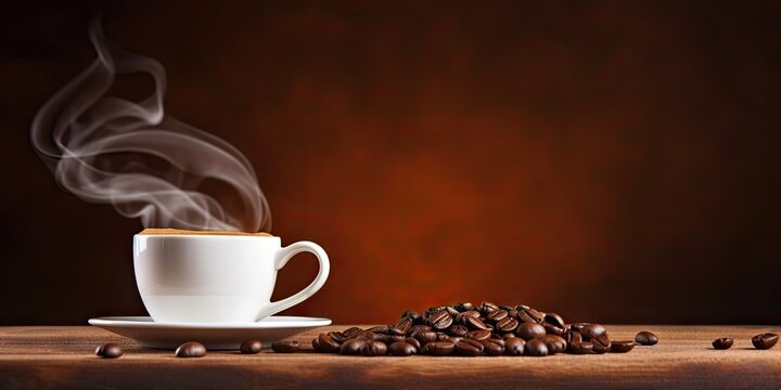 Vintage cup with rich espresso aroma. Organic coffee beans and hot espresso on rustic wooden table