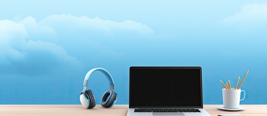 A minimal concept banner featuring a laptop on a desk with a blank screen, headphones, and a blue background. represents distant learning, working from home, online courses, helpdesk, or call center