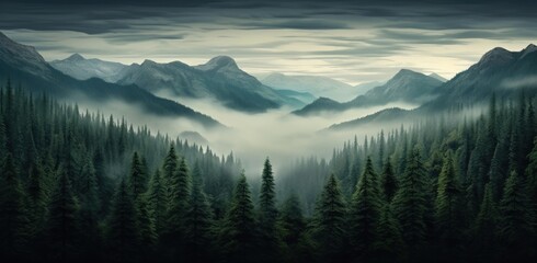 Naklejka na ściany i meble A dark forest landscape with trees and mist