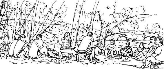 Fototapeta premium Sketch of a riverside gathering of a non-profit, non-professional, non-religious community group of recovering addicts who selflessly help each other stop using drugs and learn to live without them
