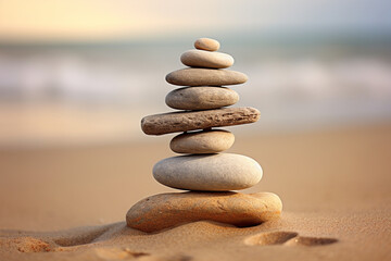 Fototapeta na wymiar Three stacked stones on raked sand, aesthetic look