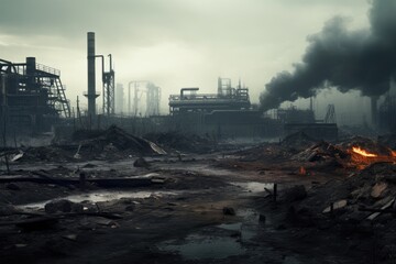 Abandoned industrial area with smoke and smog, toned, Abandoned industrial area in the smoke and smog. Disaster concept, AI Generated