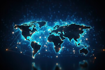 Digital world map on blue background. 3d rendering toned image double exposure, Abstract world network connection on a glowing world map, Black background, AI Generated - Powered by Adobe