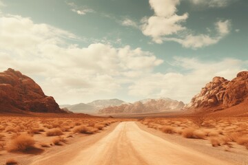 Fototapeta na wymiar Road in the desert with blue sky and clouds - retro vintage filter, Adventure desert road explore vibe, AI Generated
