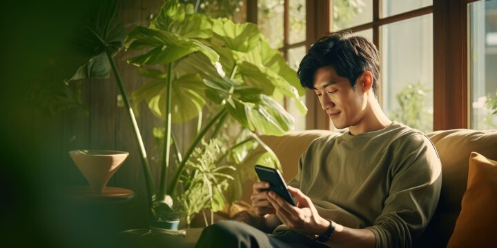 Happy handsome man asia checking social media holding smartphone sitting on a sofa at home. Smiling young man using mobile phone app playing game, shopping online, generative ai