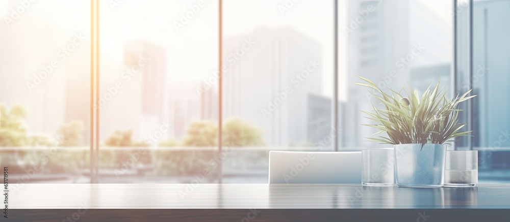 Aufkleber The background is a blurred modern workspace with a window and light, suitable for offices or hospitals. It is a white indoor interior with copy space for advertising and business presentations.