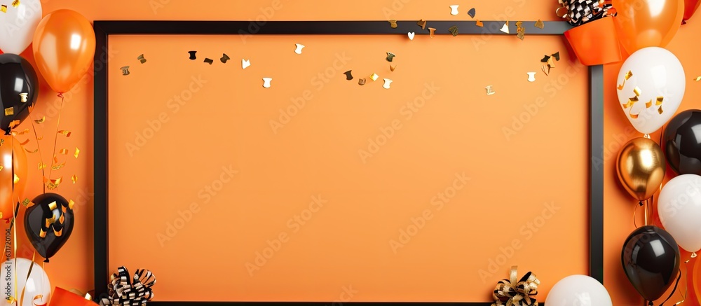 Poster a flat lay of a frame filled with various party items and decorations on an orange background, with 