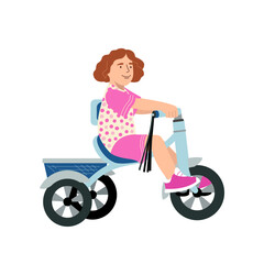 Fototapeta na wymiar Cute smiling girl riding bicycle. Little kid learning on a first tricycle bike. Flat vector illustration isolated on white background.