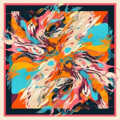 Silk scarf modern design with bright colorful artistic ornament. Abstract ethnic style. Fashionable template for your design, Generative AI