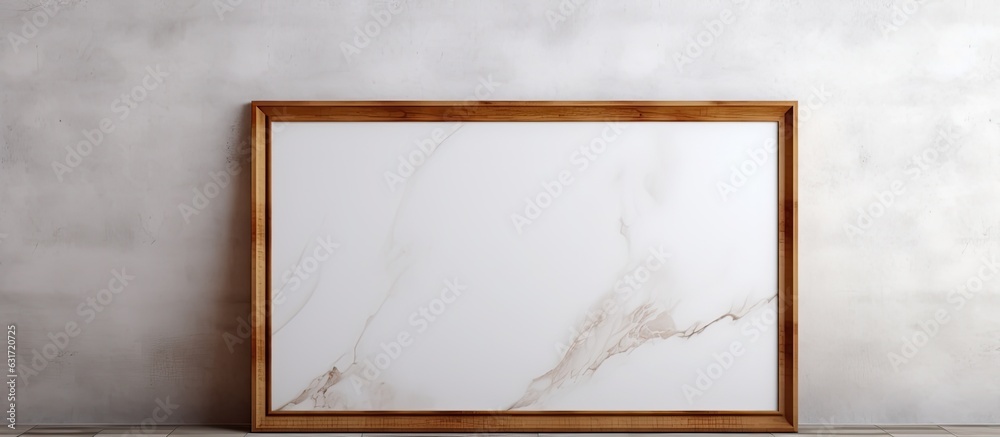 Aufkleber a vintage wooden frame is placed on a white cement wall and black marble floor with a shadow in the 