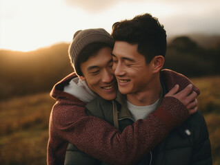 A young Asian gay couple hugging and cuddling each other affectionately