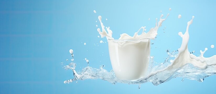 A glass filled with milk and a splashing effect, isolated on a blue background with text space, is used as a banner for dairy products.