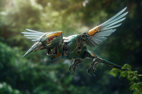 Image of flying hummingbird electronic robot technology in the forest. Bird. Wildlife Animals. Generative AI. Illustration.